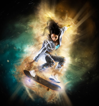 Skateboarder doing a jumping trick. Freestyle extreme sports conceptの写真素材