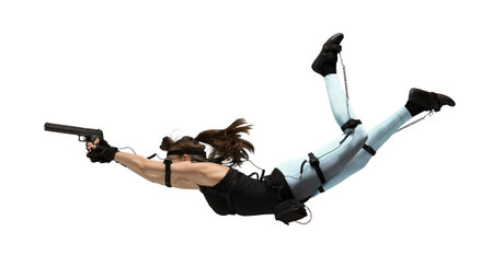 Woman playing on the simulator, holding gun. Motion caption virtual reality. Isolated