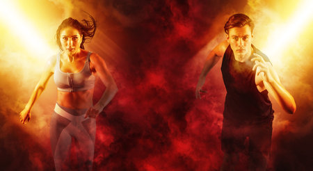 Sport collage. Man and woman on smoke background. Sports banner