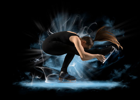 Sit spin. Woman figure skating in action. Sports banner. Horizontal copy space background