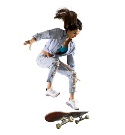 Skateboarder doing a jumping trick. Freestyle extreme sports concept isolated on white background