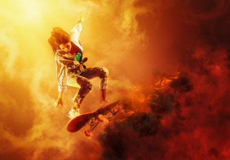 Skateboarder doing a jumping trick on smoke background