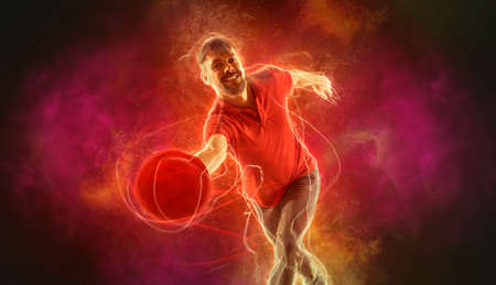 Bowling banner. Professional bowling player in action. Concept of sport, movement, energy, dynamicの写真素材