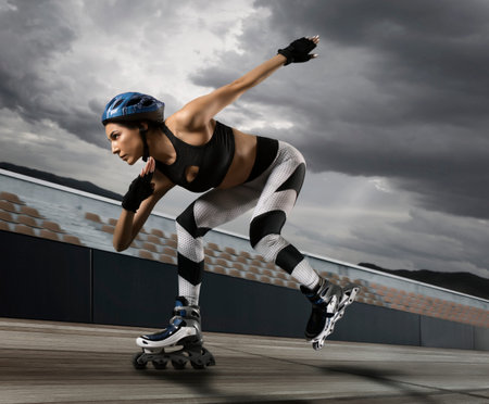 Professional beautiful woman roller skating. Concept of sport, movement, energy, dynamic, healthy...