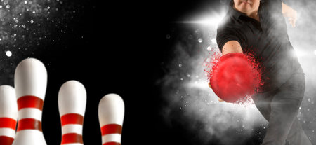 Bowling banner. Professional bowling player in action. Concept of sport, movement, energy, dynamicの写真素材