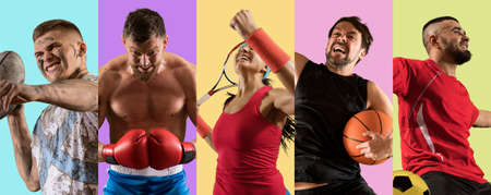 Sport collage. Emotions. Tennis, basketball, boxing, soccer and rugby players. Concept of sport, movement, energy, dynamic, healthy lifestyleの写真素材