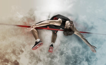 Man in action of high jump. Smoke effect. Horizontal copy space backgroundの写真素材