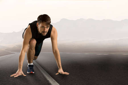 Runner feet running on road close up on shoe. Concept of sport, movement, energy, dynamic, healthy lifestyleの写真素材