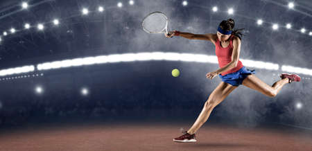 Female tennis player in action during game. sports banner. Tennis collage.の写真素材