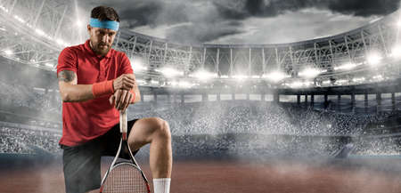 Handsome tennis player in the stadium. sports banner. Tennis collageの写真素材