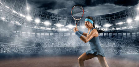 Tennis player celebrating winner. sports banner. Tennis collageの写真素材