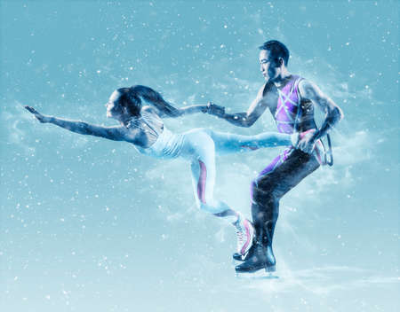 lift. Duo figure skating in action on snow background. sports bannerの写真素材