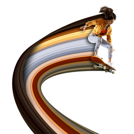 Skateboarder doing a jumping trick. flyer. Concept of sport, skateboarding. Pixel stretch effectの写真素材