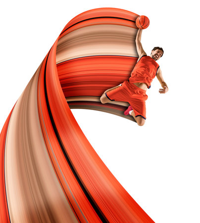 Professional basketball player in action. flyer. Concept of sport, basketball, competition. Pixel stretch effect.の写真素材