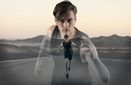 Sporty young man running. Double exposure effect. sports banner. Horizontal copy space backgroundの写真素材