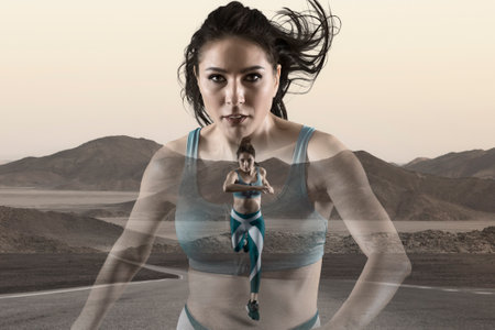 Sporty young woman running. Double exposure effect. sports banner. Horizontal copy space backgroundの写真素材