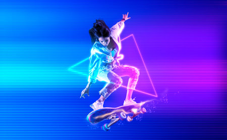 Skateboarder doing trick on neon background. Freestyle extreme sports concept. sports bannerの写真素材