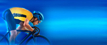 Man racing cyclist in motion on blue background. Man in yellow cycling jersey. Sport banner, flyerの写真素材