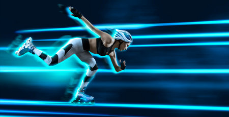 professional sporty woman on rollerblades on neon backgroundの写真素材