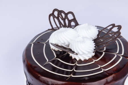 delicious cream cake with chocolate icing on a white backgroundの写真素材