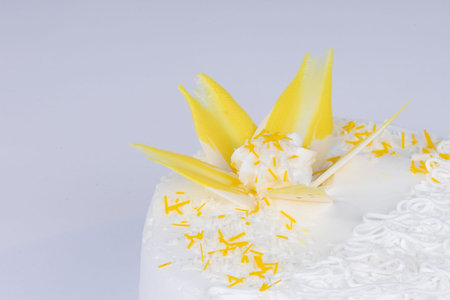delicious cream cake with white cream icing on a white background