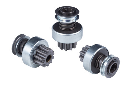 Car starter drive, bendix. Starter detail isolated on white background close-up. Spare parts.