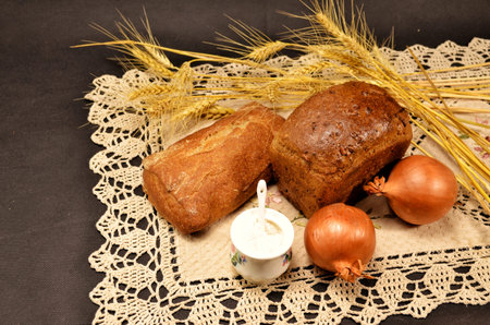Appetizing bread on an embroidered napkin