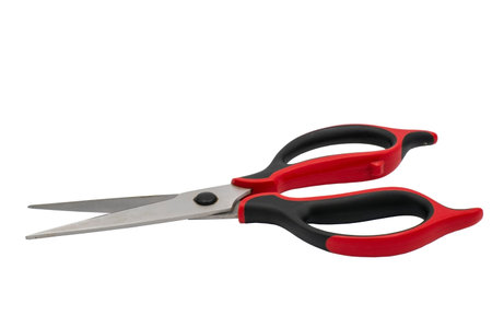 Big scissors with plastic handles. Isolate on white background.