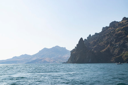 Kara-Dag mountains, view of the rocks from the sea, Crimea, Russiaの写真素材