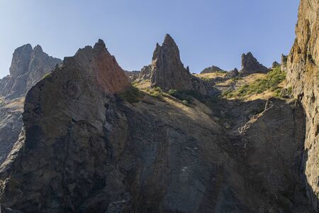 Kara-Dag mountains, view of the rocks from the sea, Crimea, Russiaの写真素材
