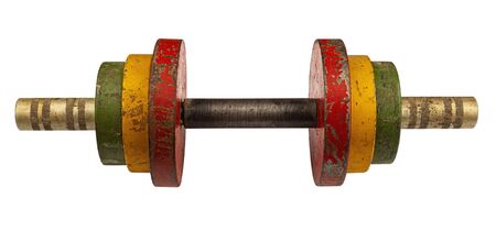 An old vintage dumbbell with multi-colored discs. Isolate on a white background. Home fitness trainingの写真素材