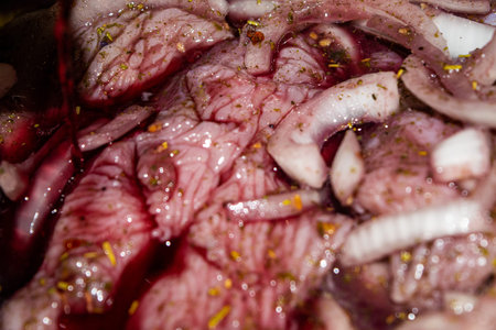 Turkey meat cut into pieces and marinated in red wine with onions and spices. Close-up, surface...