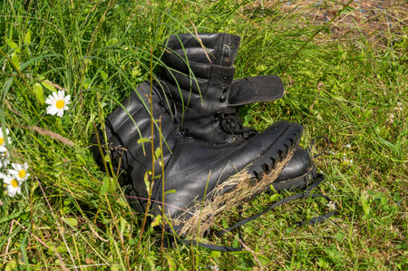 Old leather Hiking boots in the green grass. Summer is a time of travel. Close up