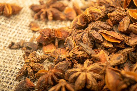 A pile of star anise on a background of burlap with a rough texture surface texture. Close up