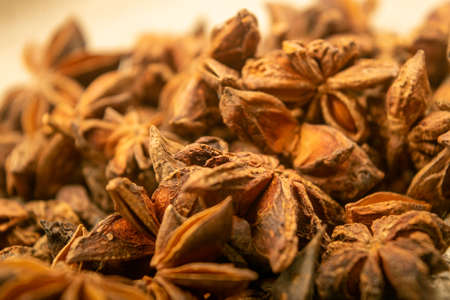 A pile of star anise on a background of burlap with a rough texture surface texture. Close upの写真素材