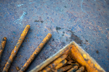 metal stud, fasteOld metal studs covered in rust, close-up, selective focus.ning part, rust