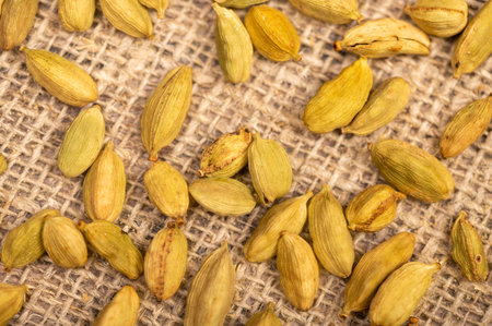 Cardamom scattered on coarse burlap, close-up, selective focus