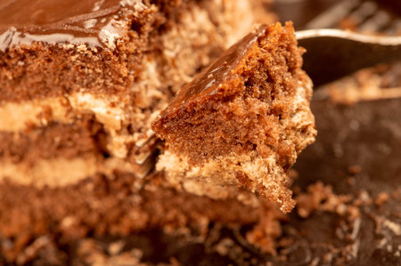 Chocolate cake and a metal fork. Close-up, selective focus