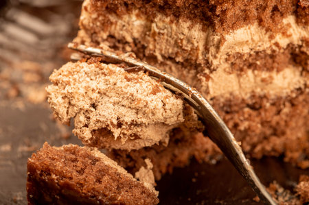 Chocolate cake and a metal fork. Close-up, selective focus