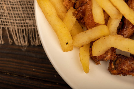 Fried chicken wings and French fries on a plate, close-up, selective focus