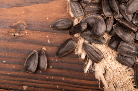 Fried black sunflower seeds scattered on the table, close-up, selective focus