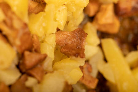 Pan-fried potatoes with mushrooms, close-up, selective focus. A traditional village dishの写真素材