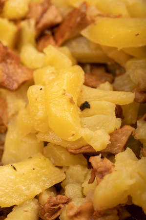 Pan-fried potatoes with mushrooms, close-up, selective focus. A traditional village dishの写真素材