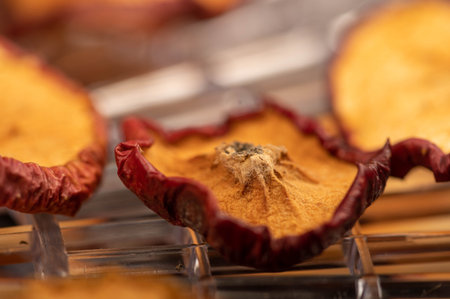 Apple chips on the grill of the dryer, close-up, selective focusの写真素材