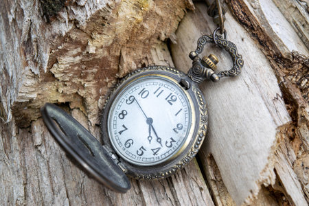 Vintage pocket watch lying on the ground, close-up, selective focus