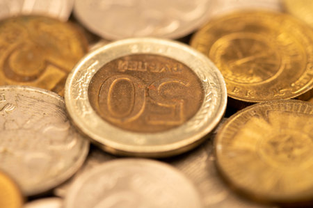 Old coins of the USSR in bulk on a flat surface, background image.の写真素材