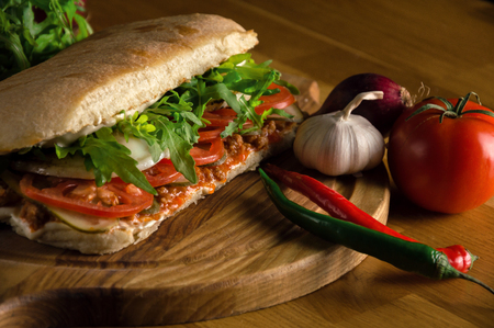 Delicious sandwich with ciabatta fresh vegetablesの写真素材