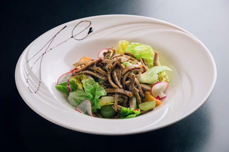 Chef salad with beef fresh radish with vegetables and dressing from evaporated balsamic vinegarの写真素材