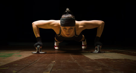 Champion of the world in Thai boxing to prepare for the next competition. Push-ups from the floor in...