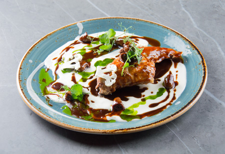 Elegant chicken leg in tender cream sauce. View from aboveの写真素材
